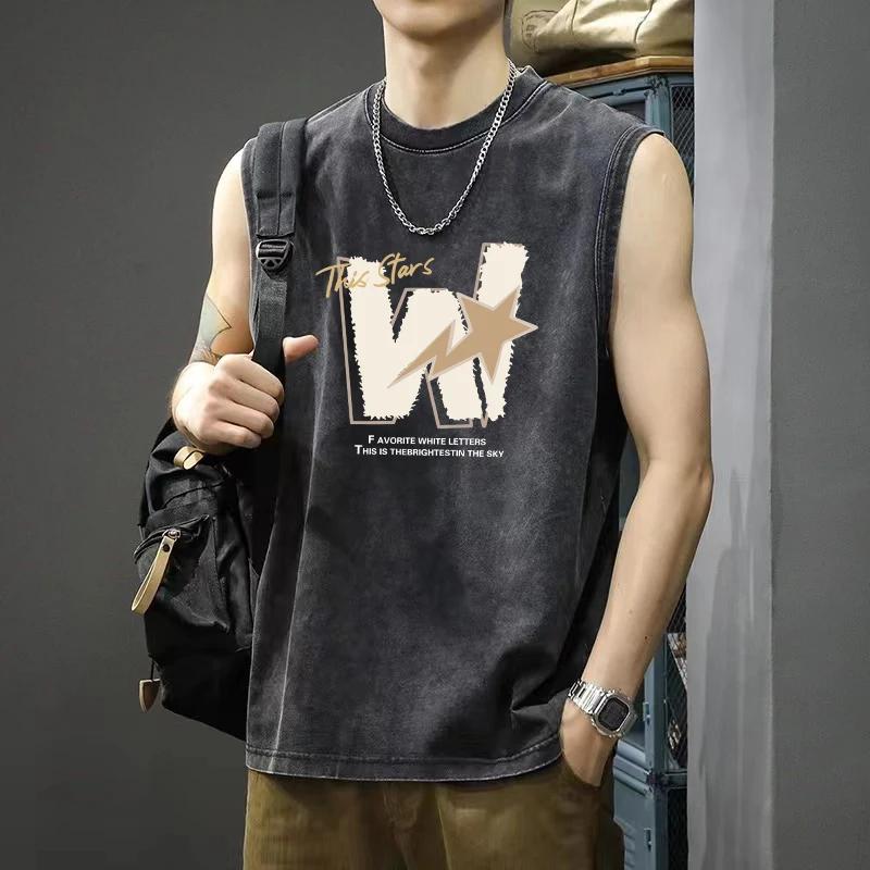 Мужской жилет без рукавов Ретро Ретро Уличная одежда Плоская печать Синий Веер Кактус Пустыня Солнечный свет Хлопок Лето Мотоциклетная культура