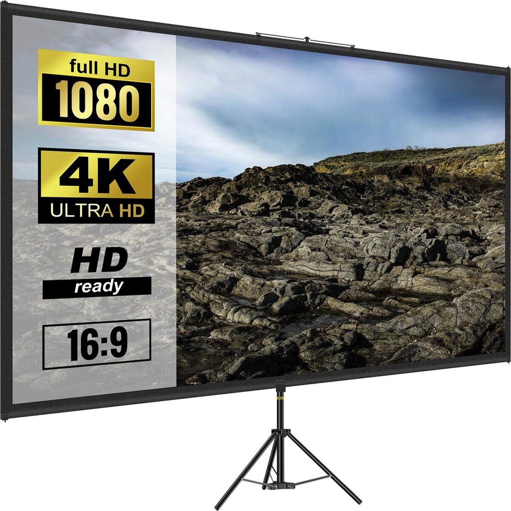 Tripod Projector Screen with Stand 110inch 16:9 4K HD Projection Screen Stand Wrinkle-Free Height Adjustable Portable Screen for Projector Indoor &