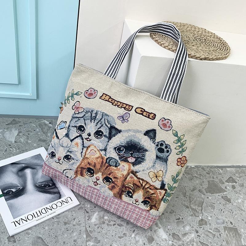 Портативная жаккардовая сумка Котенок Большая вышитая холщовая сумка Шоппинг Мода На плечо Женская сумка Сумка-тоут