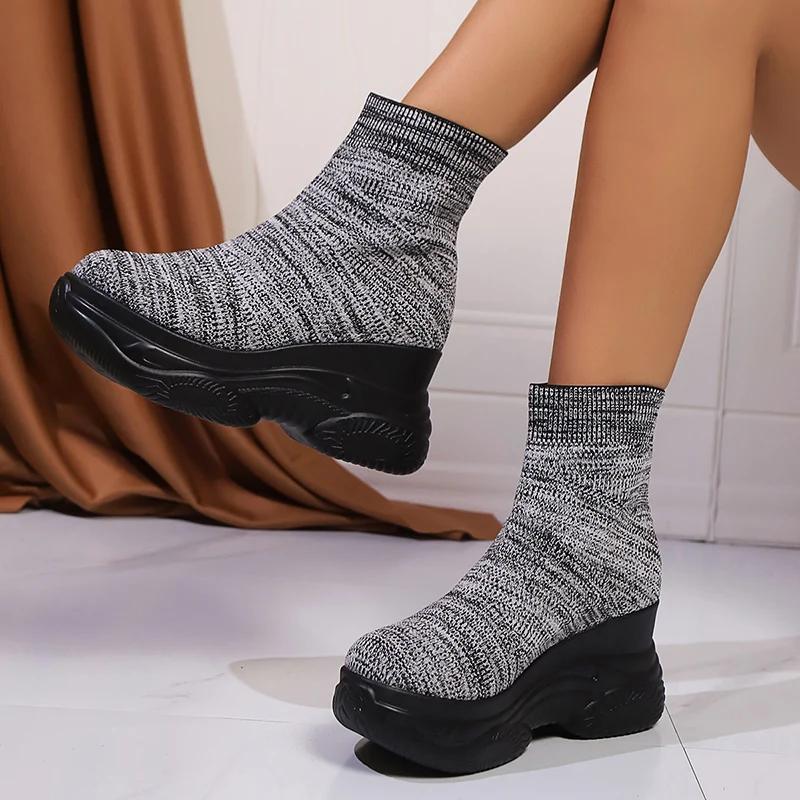 Модные вязаные кроссовки на массивной платформе для женщин, высокие, удобные спортивные туфли, женские, на толстой подошве, эластичные, слипоны, носки-кроссовки