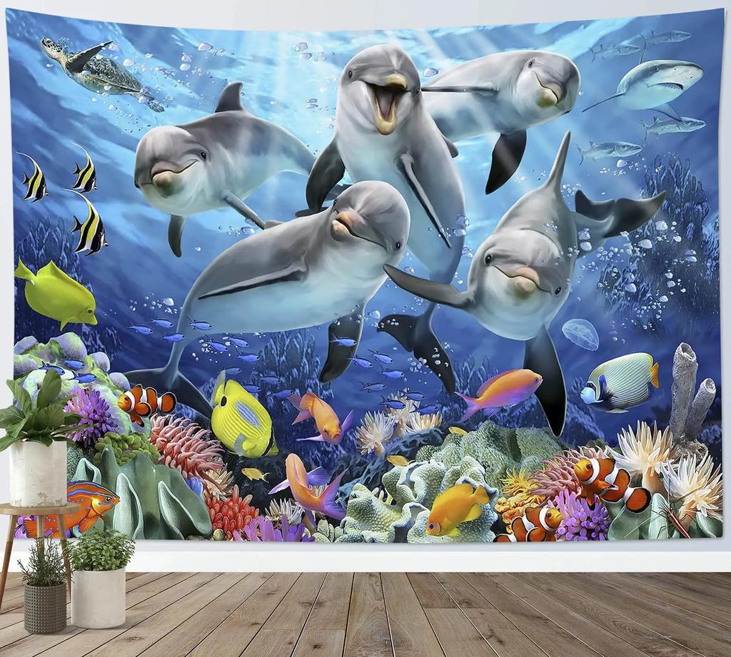 Ocean Dolphin Tapestry Wall Hanging Funny Sea Life Tapestry Wall Hanging Bedroom Whales Dolphin Wall Tapestry Living Room Decor