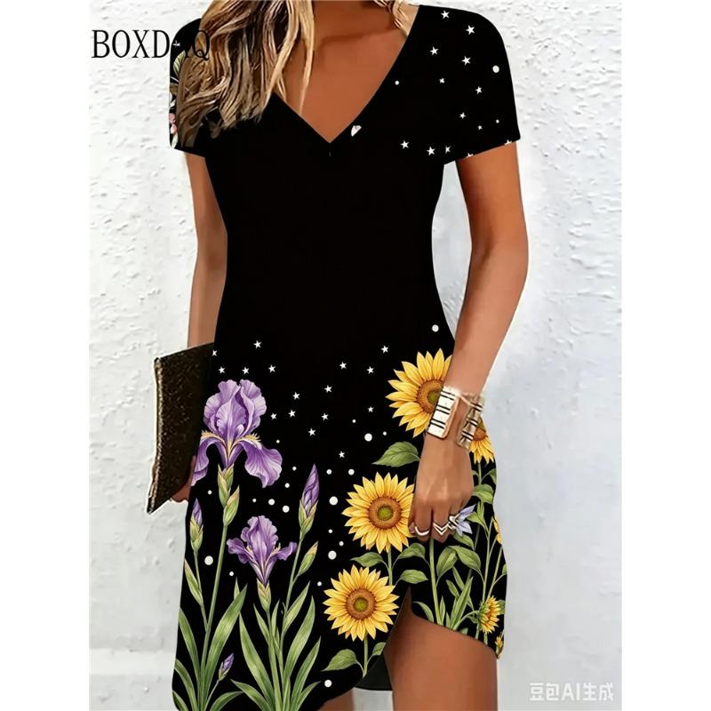 Summer Women's Short Sleeve Dresses Loose Plus Size V-Neck Dresses Beach Vacation Casual Dresses Floral Printed Women's Dresses