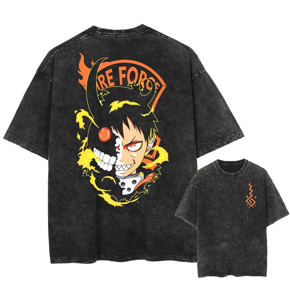 Fire Force Shinra Kusakabe Graphic Tshirt Vintage Washed Anime Merch Harajuku Unisex Oversized Crew Neck Cotton Sleeve Tee Tops
