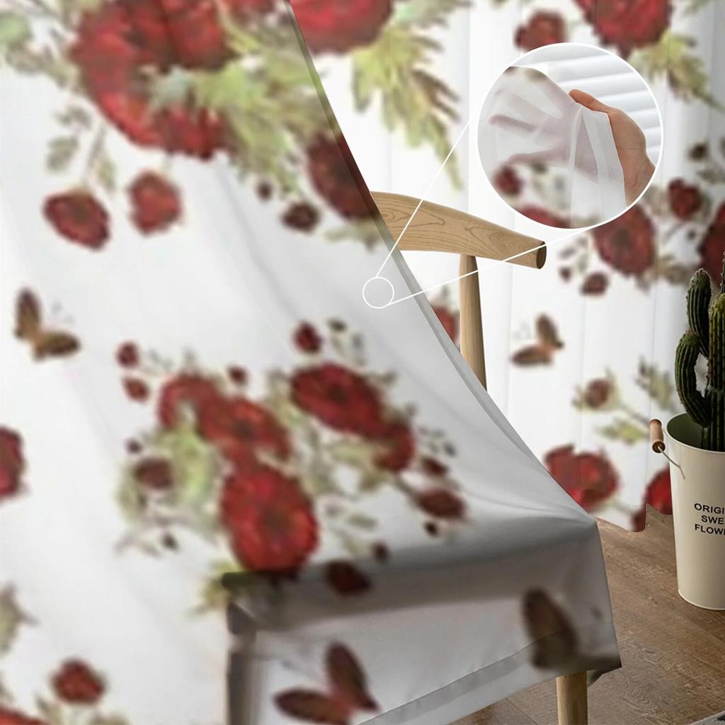 Bouquets Of Roses And Butterflies Sheer Curtains For Living Room Window Transparent Voile Tulle Curtain Bedroom Drapes
