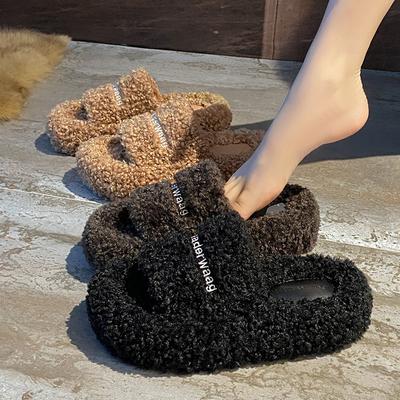 Вышитая буква пушистые тапочки женские для улицы 2025 осень и зима новая уличная одежда толстая подошва пушистые туфли набивные хлопковые тапочки