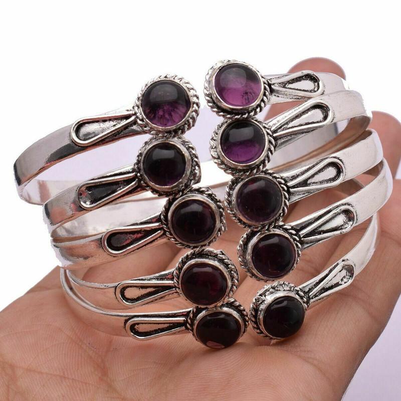 Amethyst Gemstone 925 Sterling Silver Plated 10 PCs Cuff Bangle VI-63