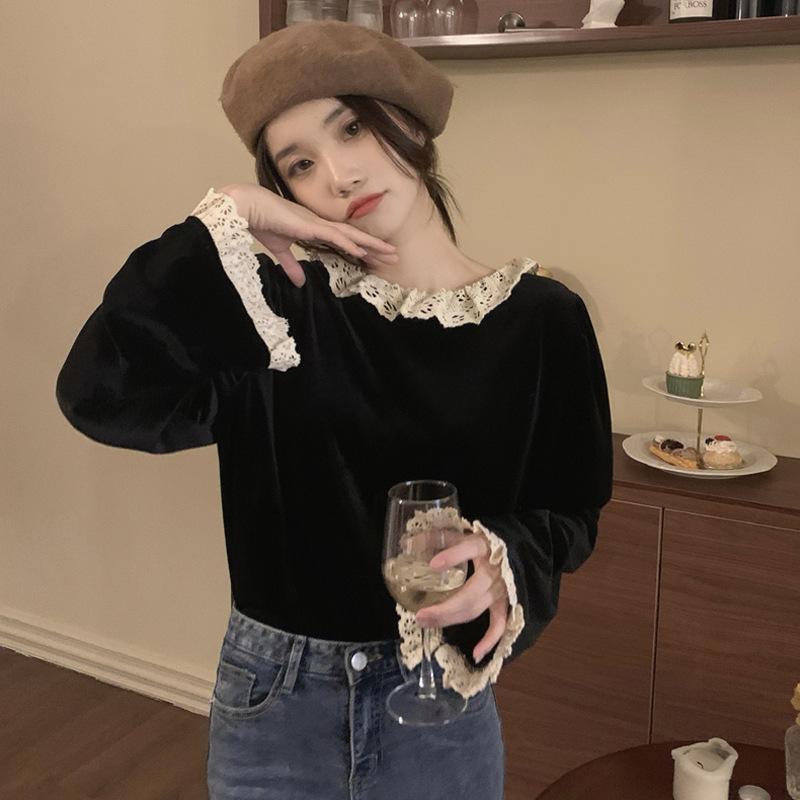 Французский Ретро Топ с Длинным Рукавом из Бархата с Кружевной Отделкой для Женщин - Двусторонний, Осенняя Коллекция