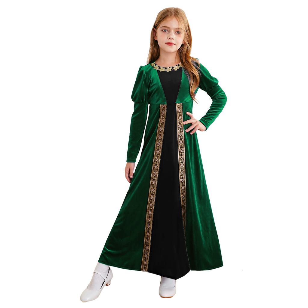 Kids Girls Medieval Costume Renaissance Princess Dress Velvet Long Sleeve Maxi Dress Cosplay Halloween Carnival Party Dress Up