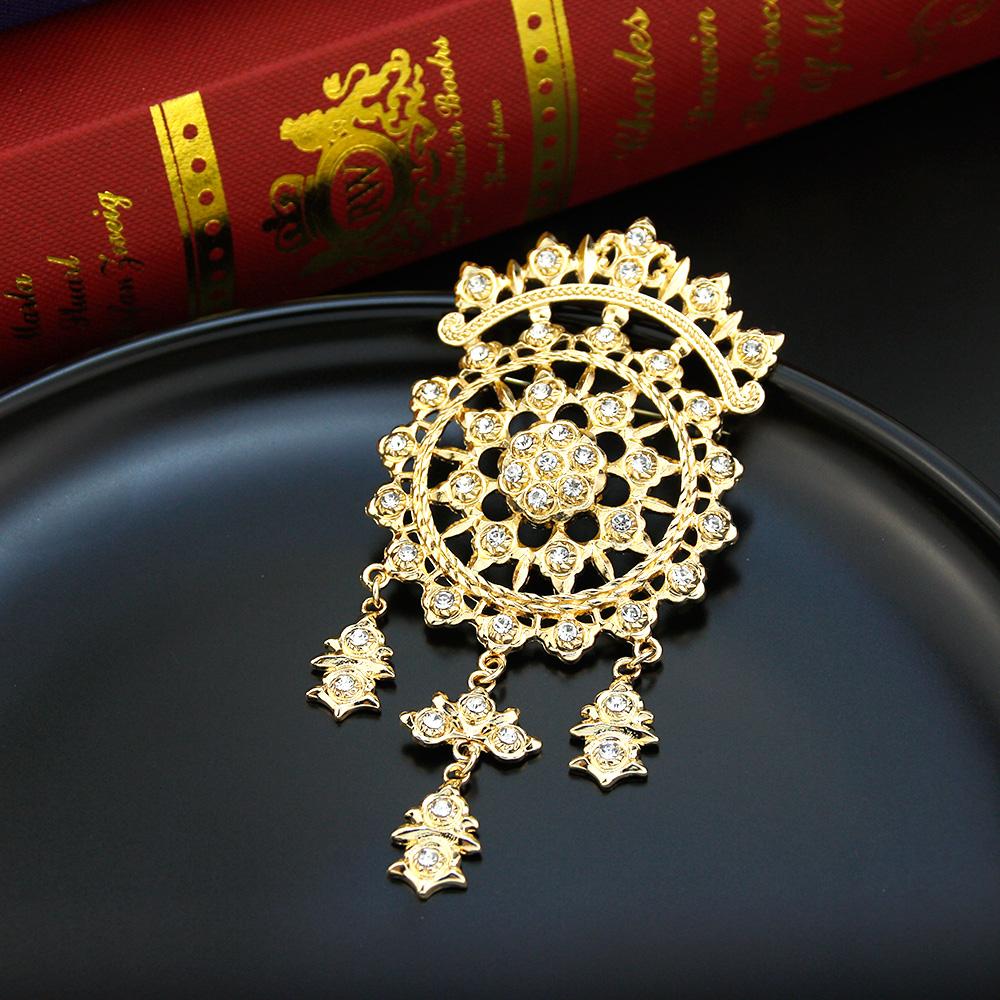 Women's Crystal Brooch Gold Color Round Flower Metal Brown Brooch Hijab Pins Bridal Jewelry