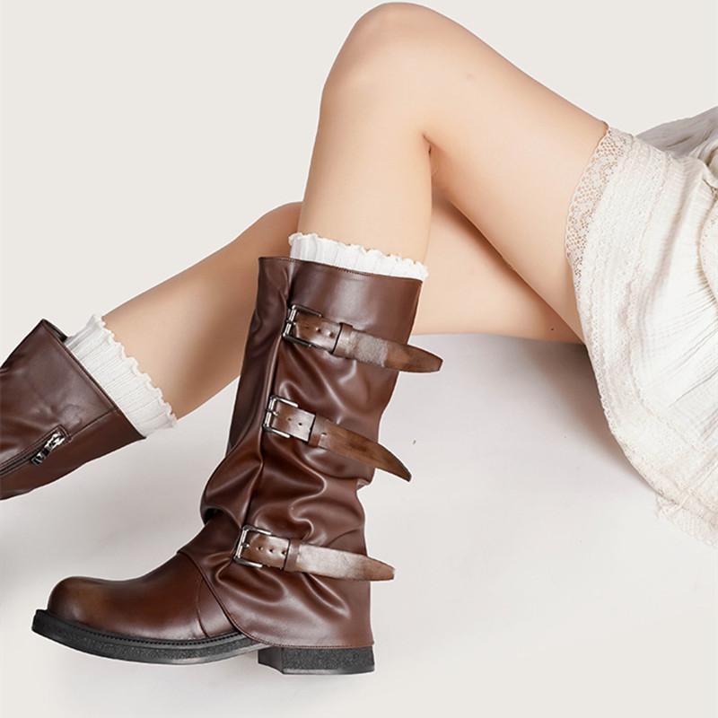 Винтажные женские мотоботы до середины икры из мягкой кожи с ремешком и пряжкой, модные ботильоны на толстом высоком каблуке, осенне-зимние ботинки в рыцарском стиле
