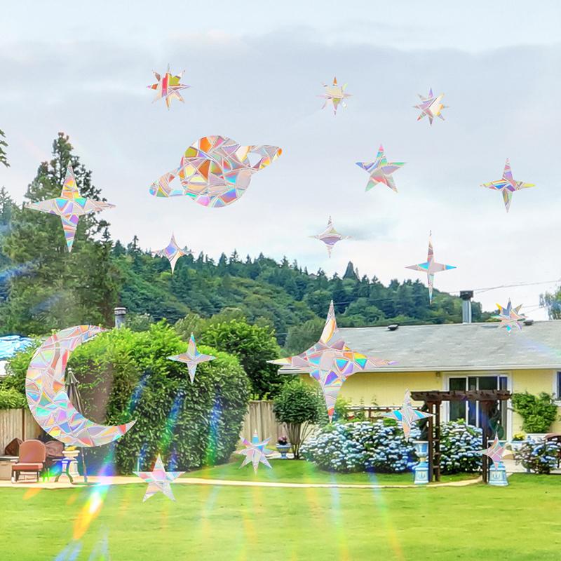 Один набор звезд и лун, птиц, ловцов солнца из ПВХ, статические наклейки на стекло, ослепляющие радужную призму, статические наклейки на окна