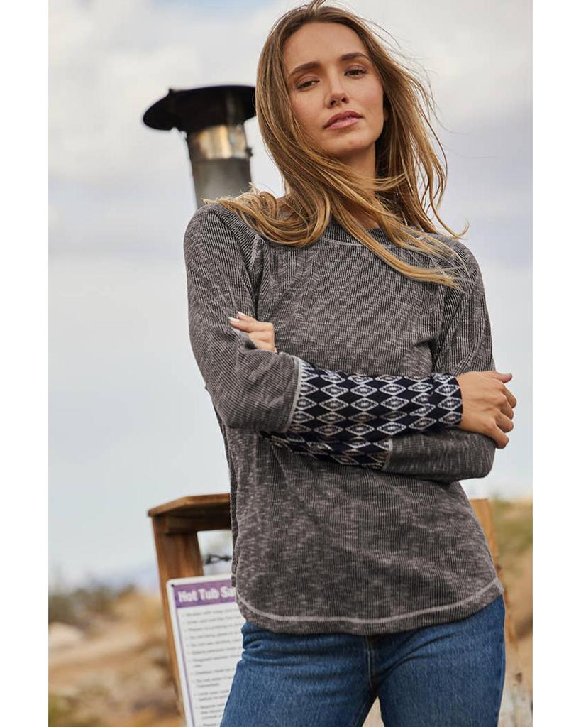 Azura Exchange Gray Aztec Patchwork Ribbed Long Sleeve Top