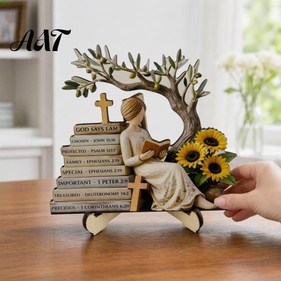 Exquisite Desktop Figurine Decor Wooden Reading Girl Figurine, Stable Pastoral Style Statue Decorative for Desk Decor, Artistic Healing Ornament,