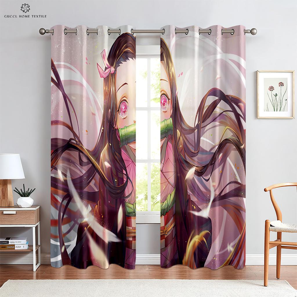 Hot-Blooded Anime Cartoon Printed Curtains, 100% Polyester, Rod Pocket Curtains, Kitchen, Living Room, Children's Room, 2 Pcs