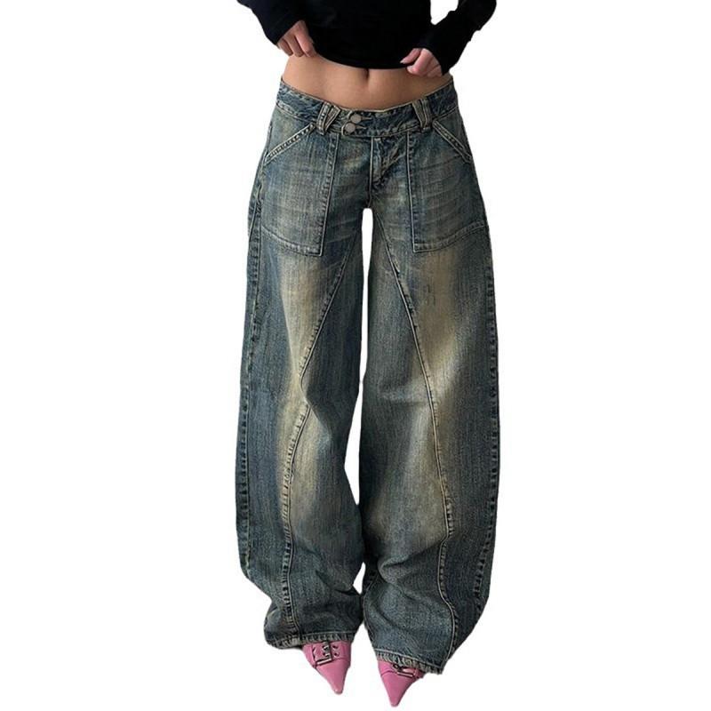 Womens Relaxed Fit Wide Leg Denim Pants With Washed Distressed Design Mid-Rise Straight Cut Cotton Blend 2026