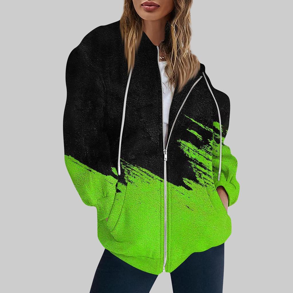 Women's Fashion Casual Printed Sweatshirt Long Sleeve With Pocket Cardigan Jacket Zipper Hoodie Coat