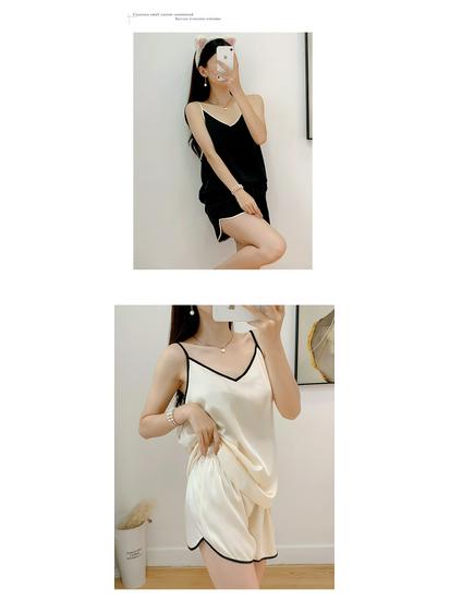 Женский летний пижамный комплект из ледяного шелка - Сексуальный, свободный топ-майка и шорты для повседневной или уличной носки