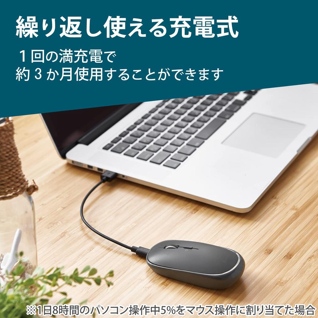 ELECOM Mouse Wireless Mouse Bluetooth Slint 4 Connectable To 3 Compatible with Windows Medium Size M-TM15BBGM/EC Thin, Quiet, Rechargeable, Buttons,