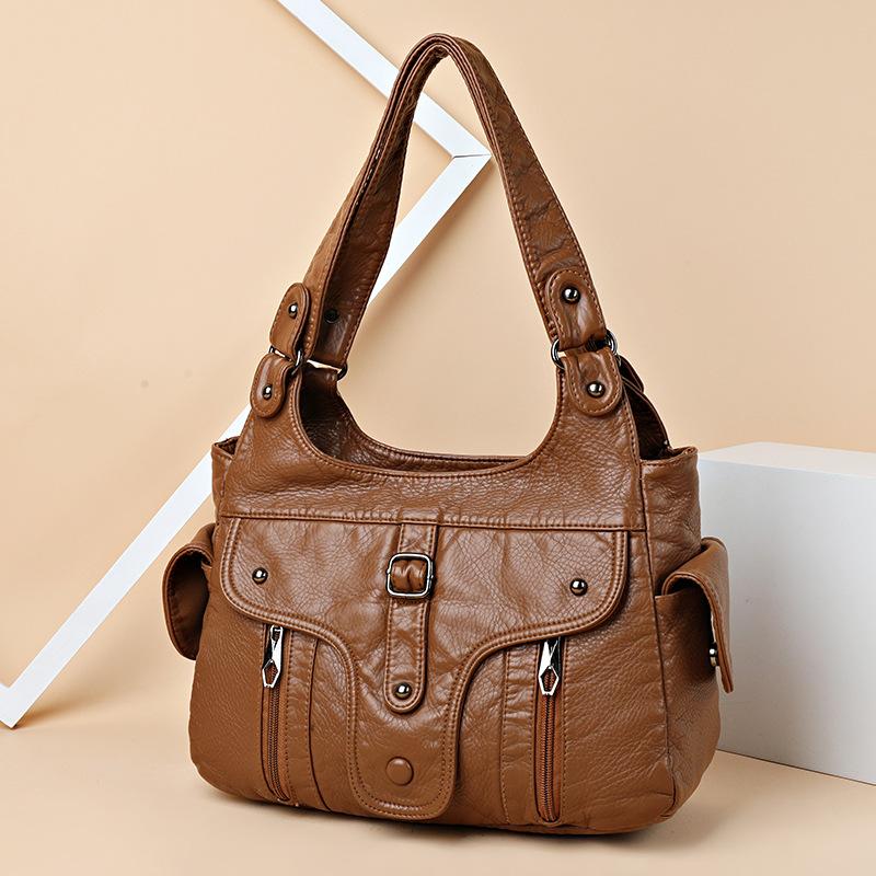 Маленькая сумка из вымытой кожи, женская новая модная вместительная сумка-тоут с заклепками из мягкой кожи для мамы, повседневная универсальная сумка через плечо на одном плече