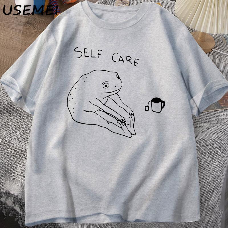 Футболка с забавной лягушкой для ухода за собой, ретро-футболка с принтом лягушки в стиле коттеджкор, женская и мужская, летняя, с круглым вырезом, с коротким рукавом, уличные футболки унисекс