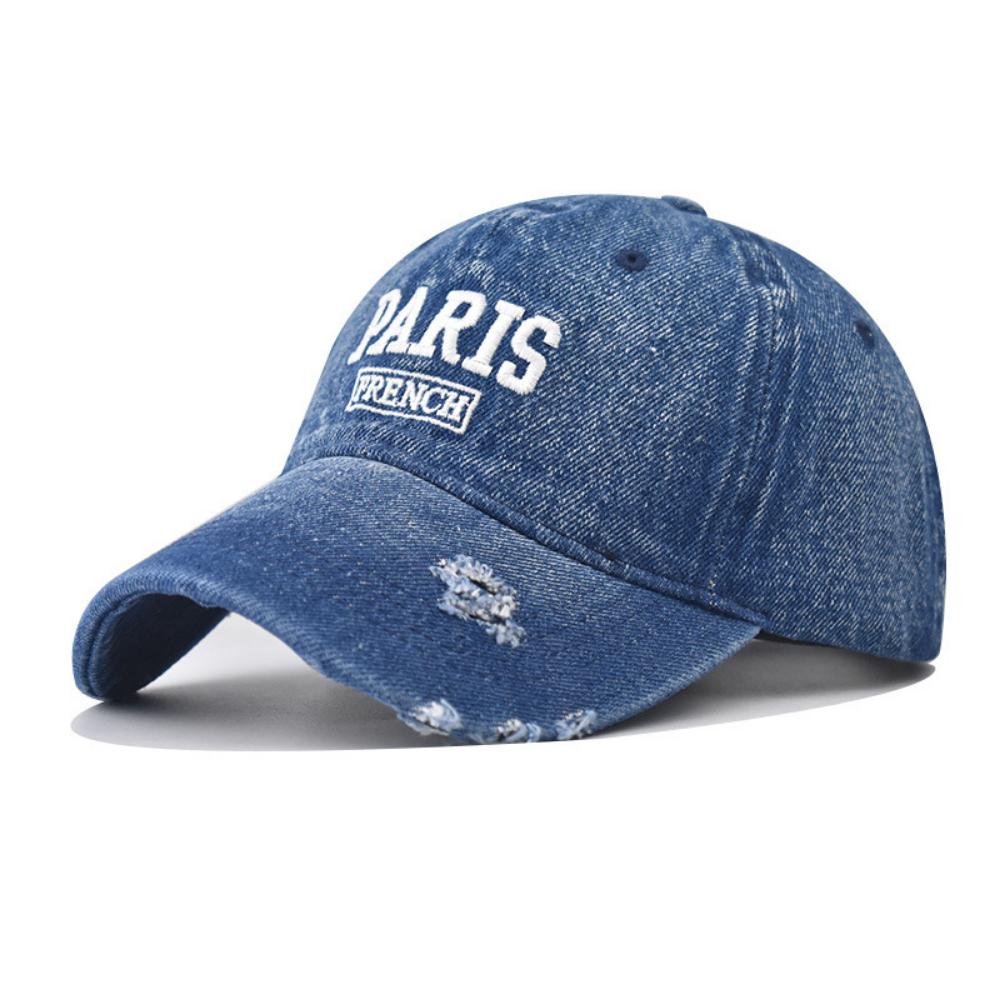 French retro three-dimensional foam PARIS layered embroidery denim distressed baseball cap suitable for both men and women