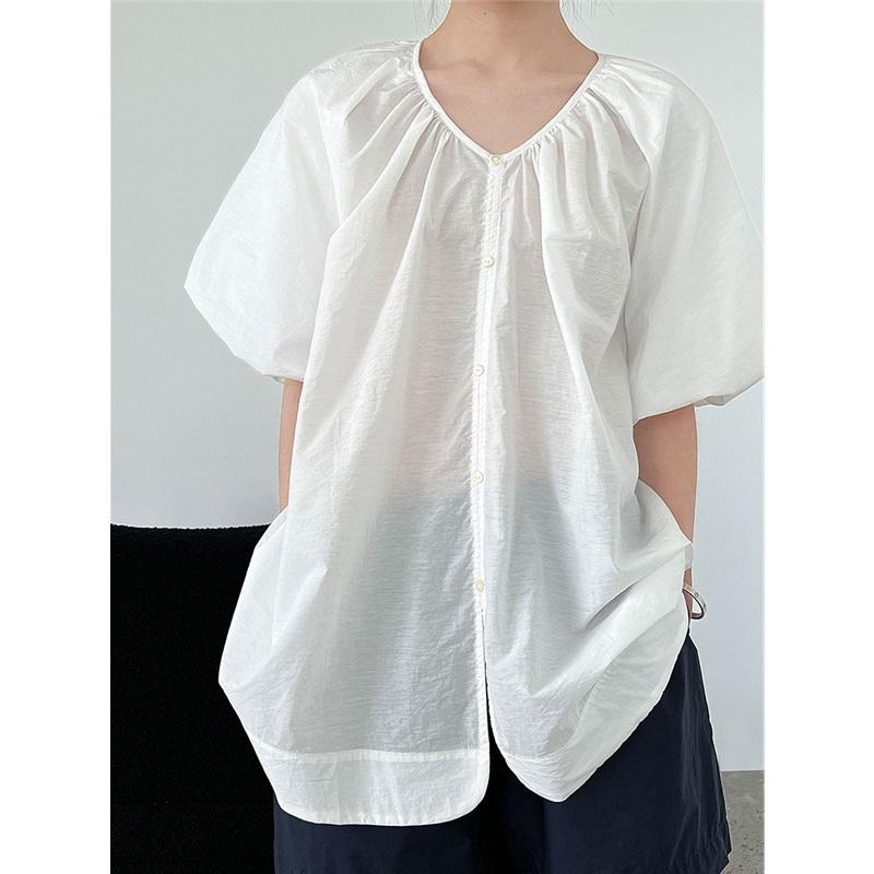 Французская рубашка с V-образным вырезом и свободными рукавами-буфами для женщин, летний двусторонний кардиган, повседневный топ, блузка свободного кроя, удобная женская рубашка, стильный топ