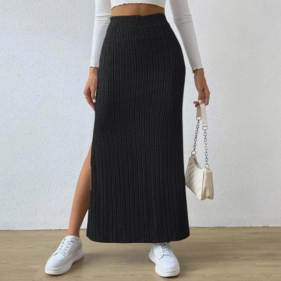 Women Maxi Ribbed Skirt Igh Waist Stretchy Rib Knit Split Slit Hem Midi Pencil Skirt Long Skirt Streetwear