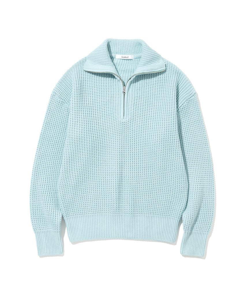 KNITTED Soft Cotton Heavy Waffle Half Zip Knit Sky Blue