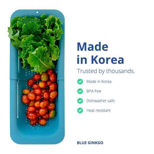 Blue Ginkgo Over-the-Sink Drainer Basket - Wash Vegetables and Fruits, Drain Boiled Pasta, and Dry Dishes - Expandable - A New Home Kitchen Essentials