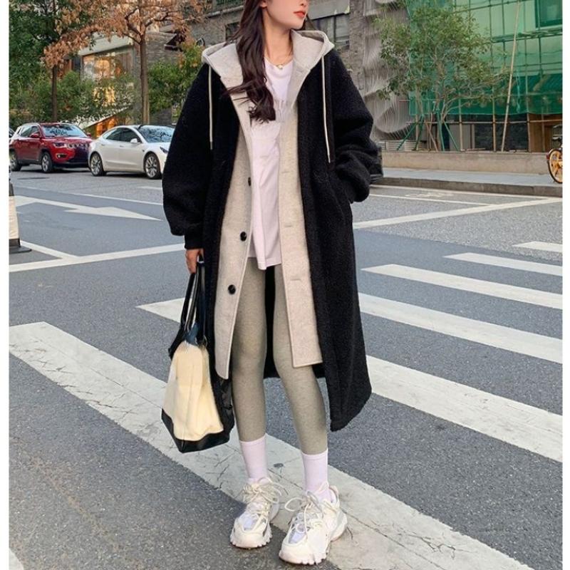 Осенне-зимнее бархатное универсальное свободное модное пальто, длинное пальто с капюшоном, двухслойное стильное теплое и утолщенное зимнее пальто