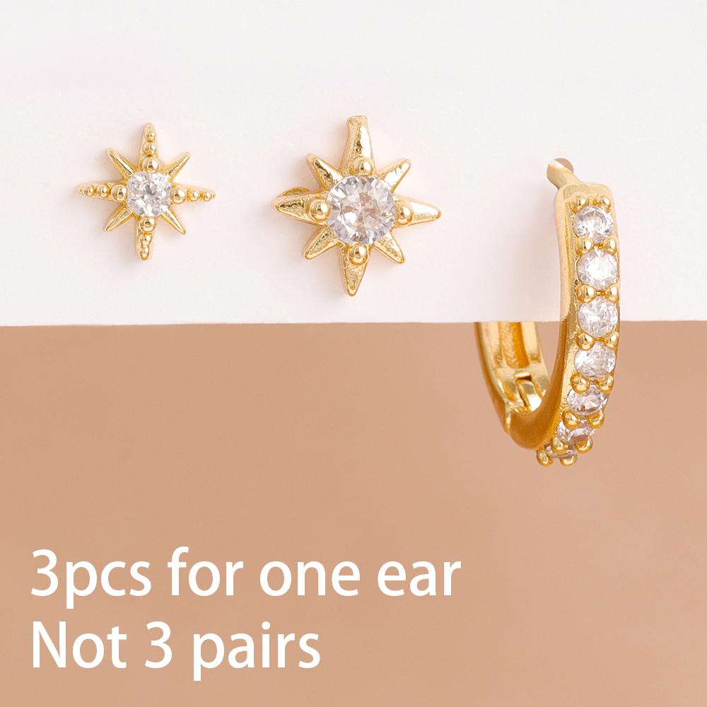 3PCS Stainless Steel Twinkle Star Ear Piercing Ear Stud Round Earrings For Women Zircon Tragus Helix Cartilage Piercing Jewelry