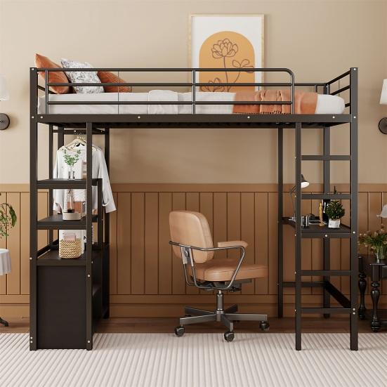 Loft Bed, 90x200cm, No Mattress, Bed with Desk, Socket And USB, Multiple Shelves, Open Storage Cabinet, Railing, Ladder, Iron Frame,