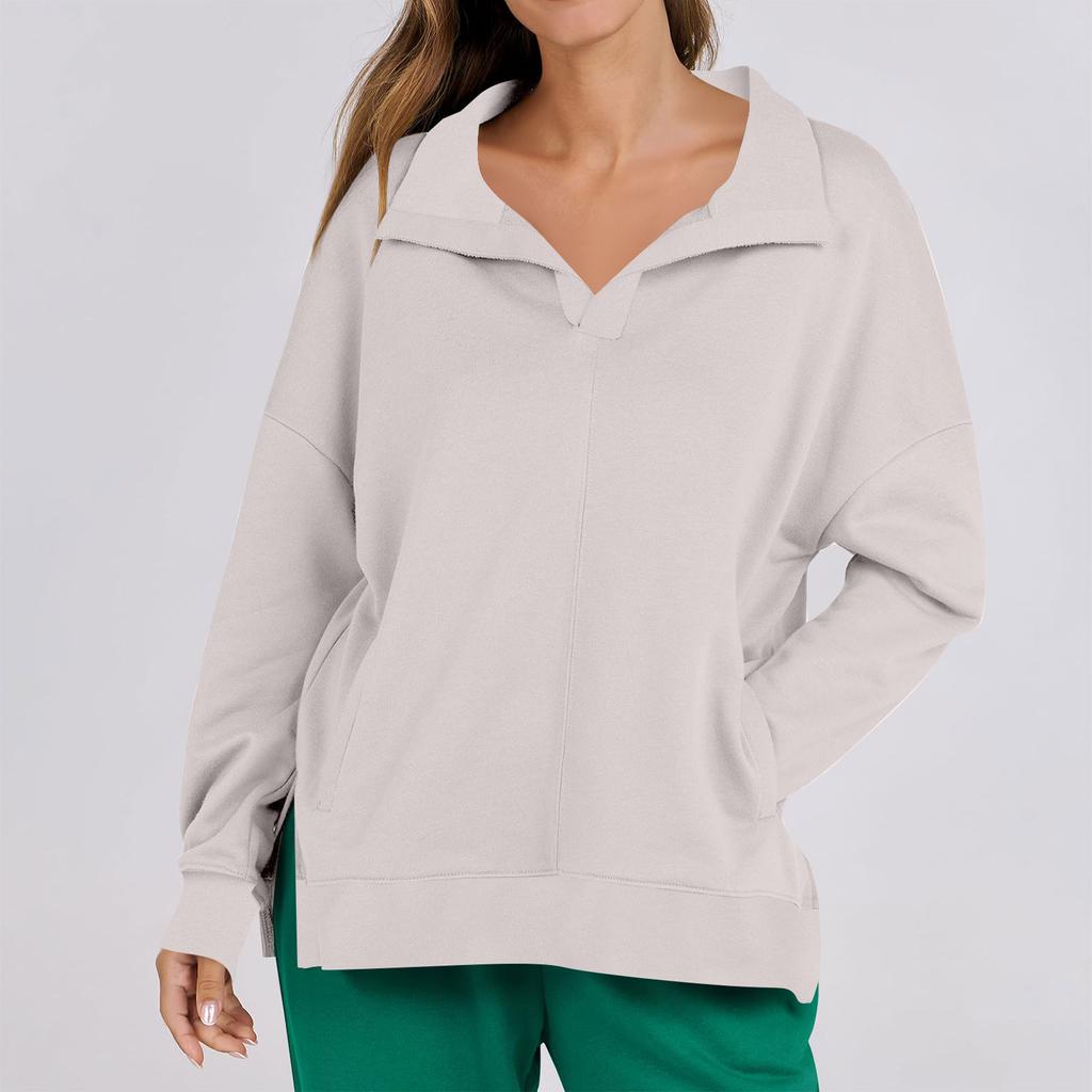 Женская мода повседневная однотонная толстовка с V-образным вырезом и карманом, с длинным рукавом