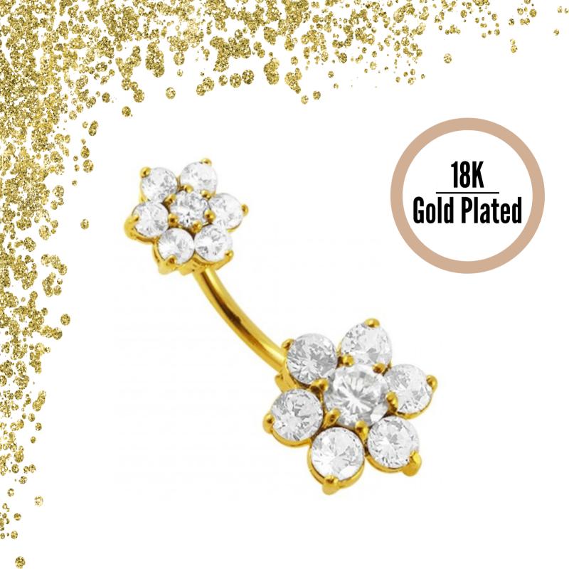 KODY PIERCING 18K Yellow Gold Plated Piercing Crystal Double Flower For Your Belly Button - Quality Piercing