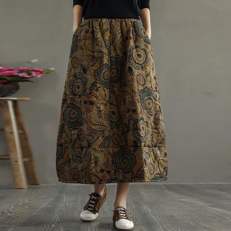 Johnature Женская стеганая юбка с цветочным принтом и мягкой подкладкой, винтажная одежда из смешанного хлопка с эластичной резинкой на талии, осенне-зимние юбки с карманами