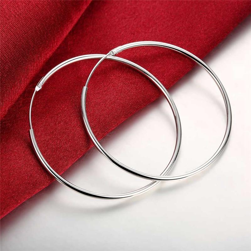 100 %925 Sterling Silver Hoop Earring 50mm Round Circle Loop Gifts Simple Smooth Big Earrings For Women Jewelry
