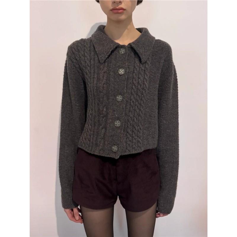 Mens Loose Fit Cotton Knit Cardigan With Turn-Down Collar Cable Twist Casual Wear Youth