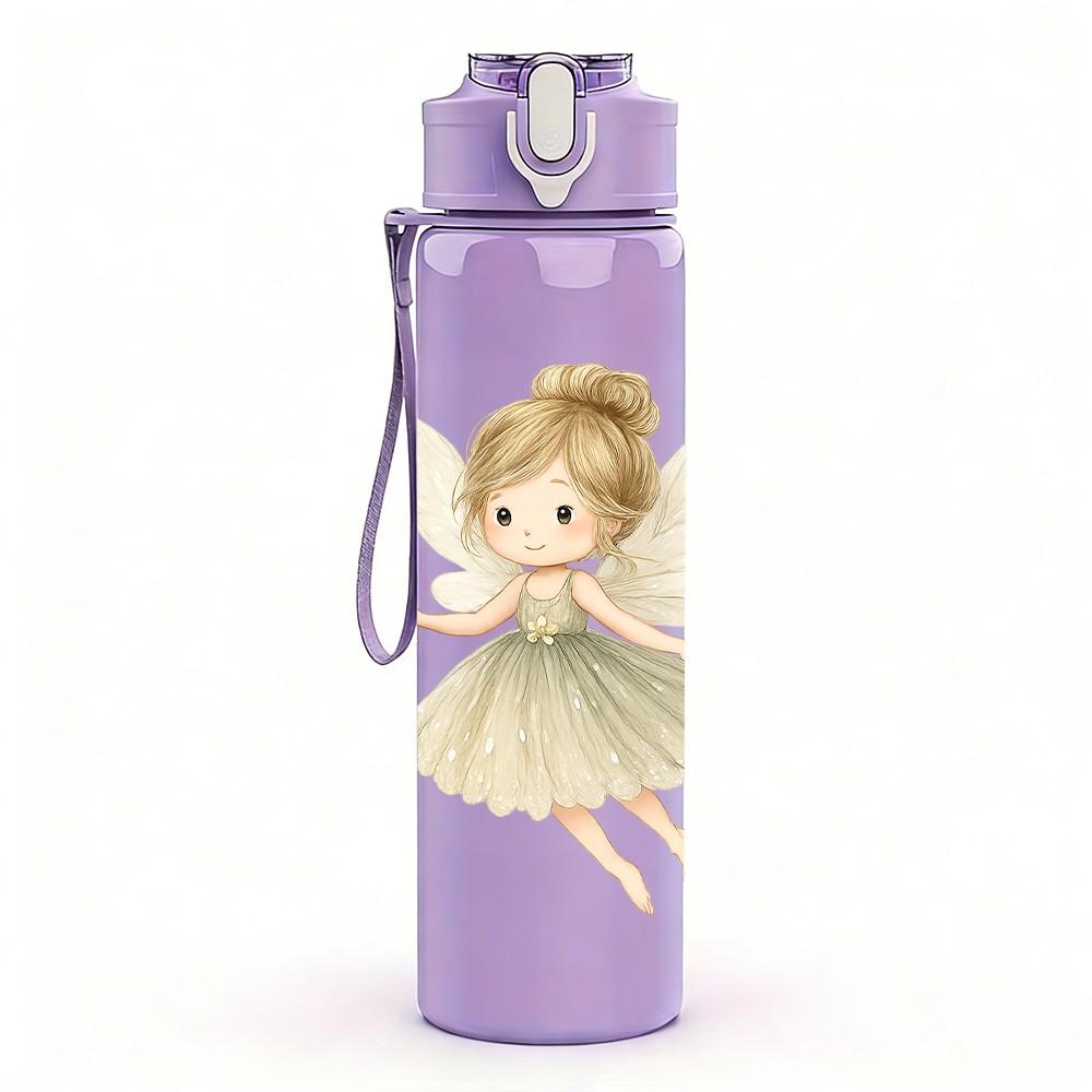 1PC Cute Winged Fairy Illustration 750ml Color Plastic Sports Water Bottle Leakproof Flip Straw Lid Suitable for Sports Office Home Use