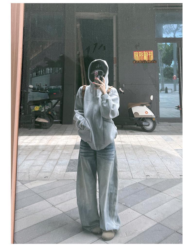 Women's Gray Sweatshirt Jacket - 2025 Early Autumn/Winter Korean-Style Petite Versatile Commuter Outfit