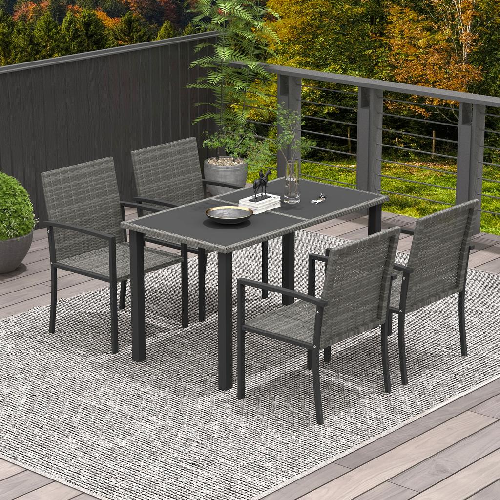 Outdoor Dining Set 5 Pieces Patio Conservatory With Tempered Glass Tabletop 4 Dining Chairs Grey