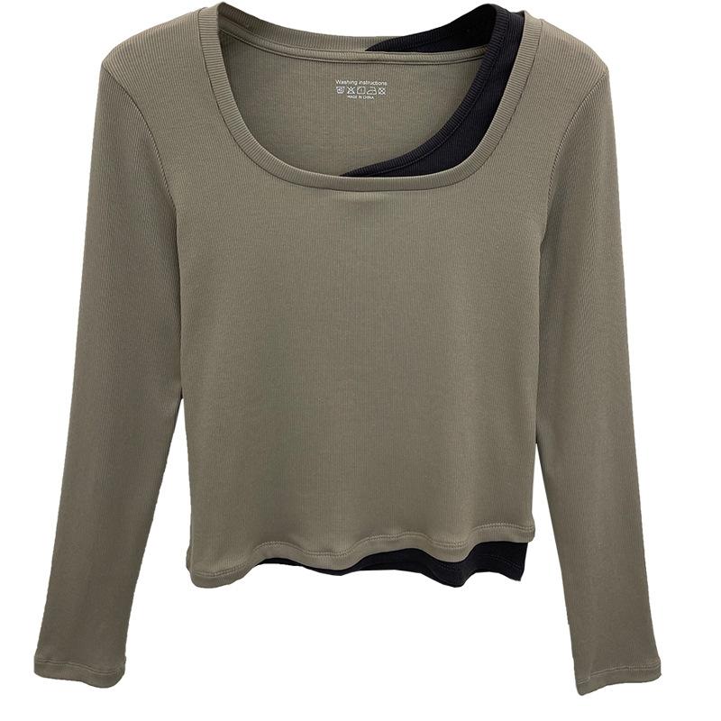 Футболка Niche Western контрастного цвета из двух частей с квадратным вырезом и длинными рукавами, короткая футболка для женщин в европейском стиле на осень и зиму