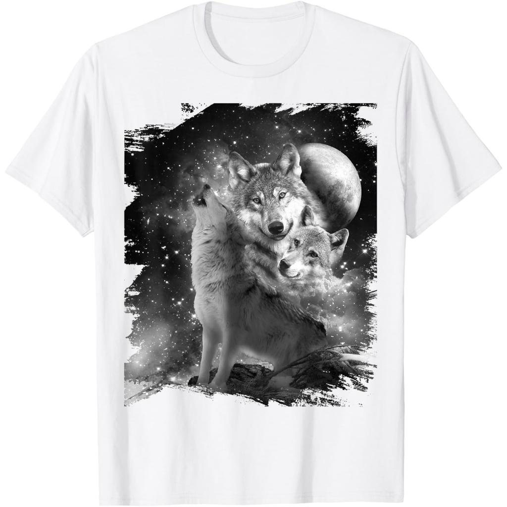 Wolf Family Howling Graphic Tee Black White Print Casual Round Neck Tshirt For Men