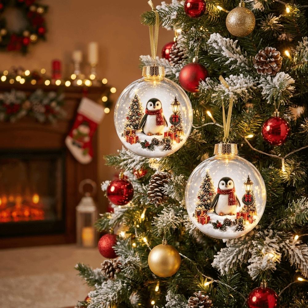 Acrylic Light-Up Christmas Ball Ornament Penguin Snowman Christmas Bauble Ornament Animal Pattern Transparent