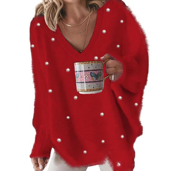 Женский осенне-зимний свитер, утолщенный плюшевый свитер с длинными рукавами, декор из бисера, свободный однотонный мягкий пуловер с v-образным вырезом, вязаный женский свитер, топ