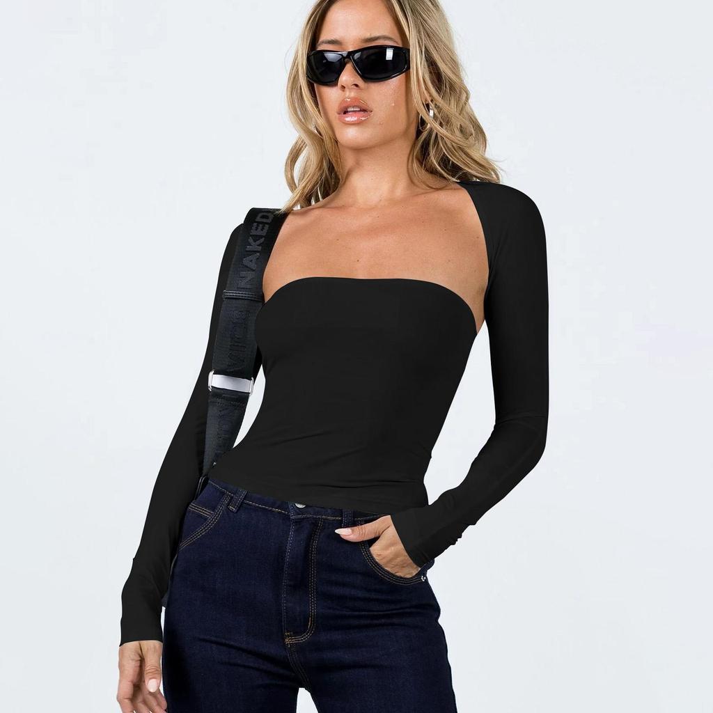 Женские летние топы без рукавов, уличная одежда, тонкие облегающие футболки с длинными рукавами из двух предметов, укороченные топы, однотонные