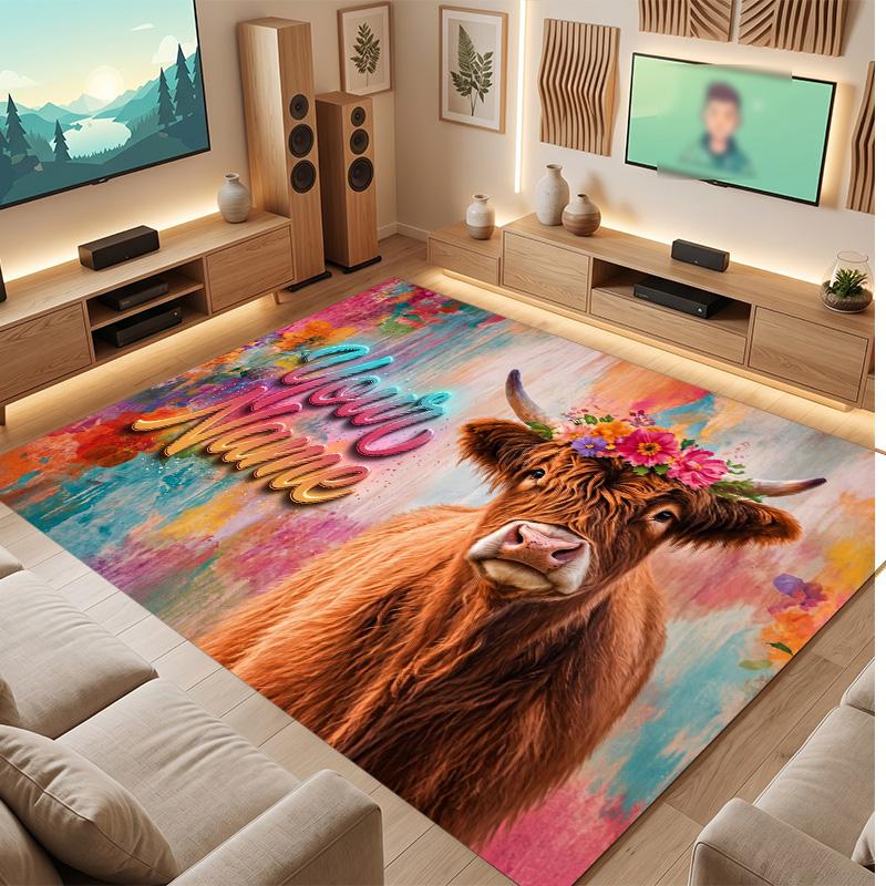 Highland Cow Theme Soft Crystal Velvet Rug Custom Name & Text Print Non Slip Floor Rug for Bedroom Living Room