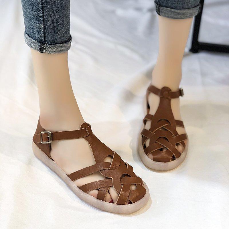 Полые римские сандалии в стиле ретро, ​​женские летние женские сандалии на плоской подошве с круглой пряжкой и пряжкой