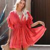 2022 Bikini Cover-ups White Tunic Sexy V-neck Butterfly Sleeve Summer Beach Wear Mini Dress Plus Size Women Swimsuit Cover Up D0