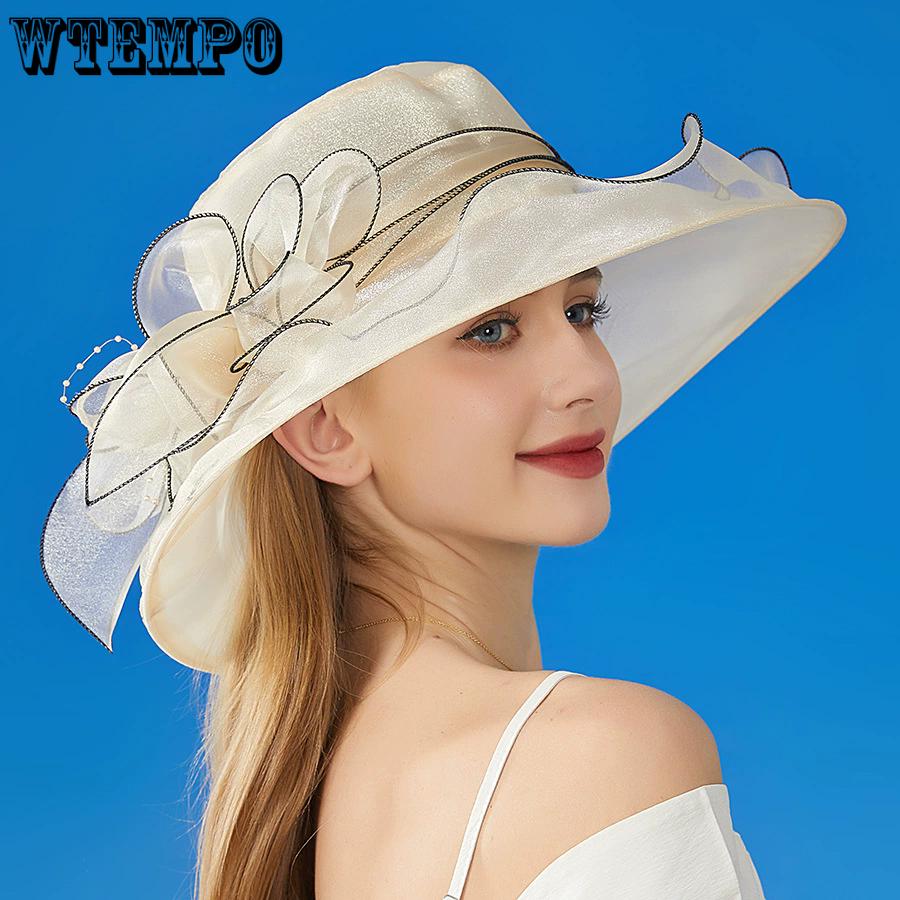 WTEMPO Solid Color Spring Summer Wide Brim Hats Women's Outdoor Breathable Foldable Beach Sunscreen Mesh Hats Church British Tea Party Wedding Hats