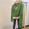 Зеленый кардиган-жакет с V-образным вырезом, имитация двух частей, многослойный, вязаный, женственный, с дизайнерским чутьем, нишевый, с высоким чувством стиля